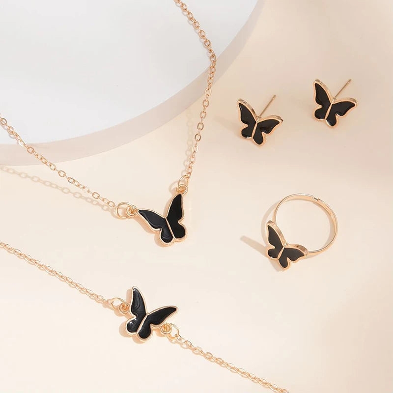 Butterfly Necklace Earrings Ring Bracelet Set