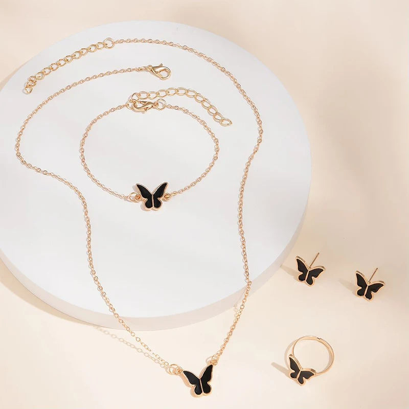 Butterfly Necklace Earrings Ring Bracelet Set