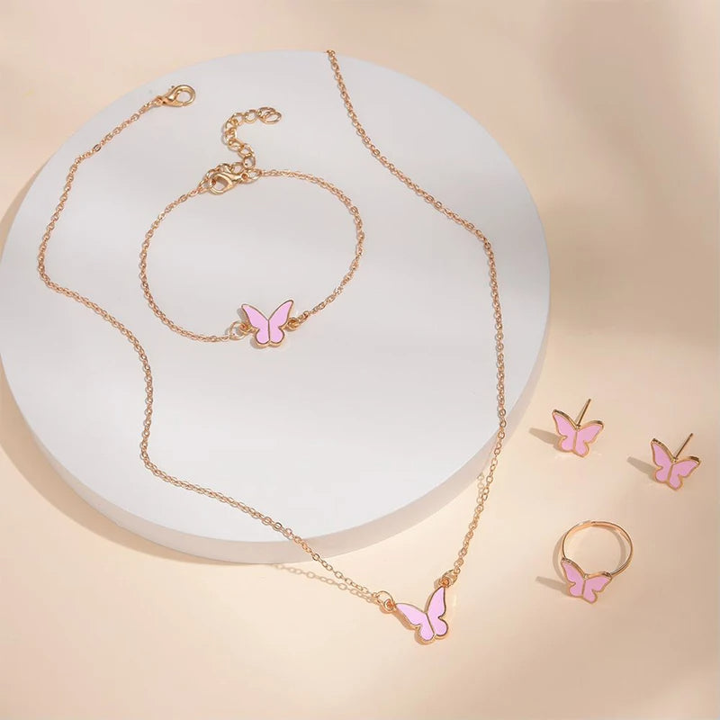Butterfly Necklace Earrings Ring Bracelet Set