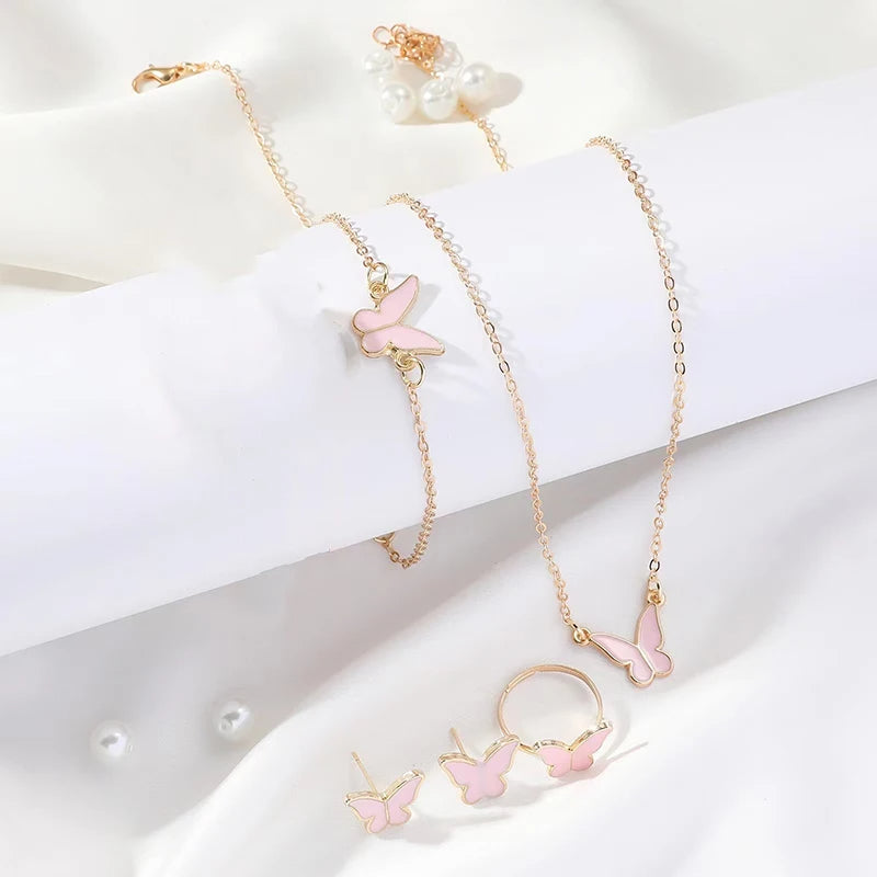 Butterfly Necklace Earrings Ring Bracelet Set