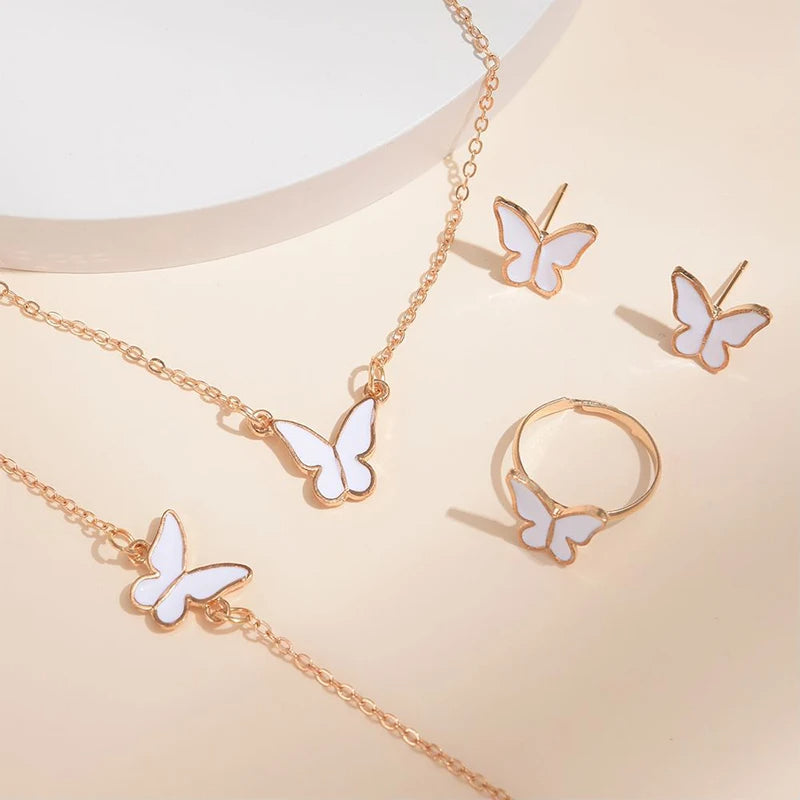 Butterfly Necklace Earrings Ring Bracelet Set